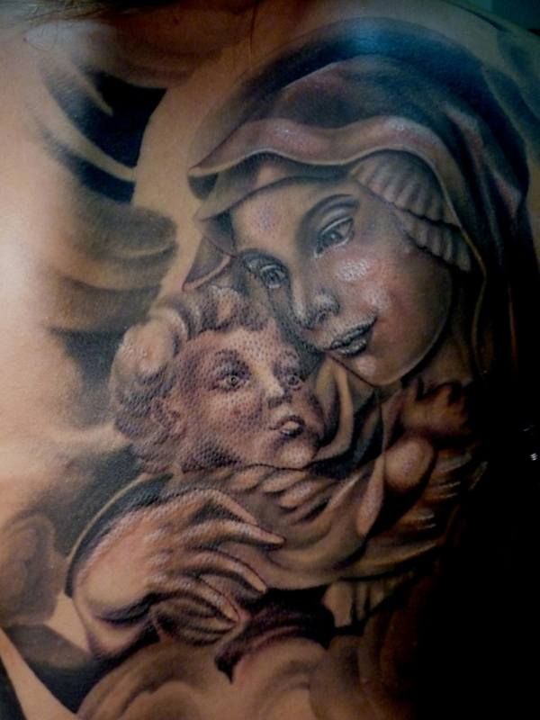 背中,女神,ブラック＆グレータトゥー/刺青デザイン画像