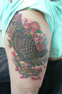 足,鳥,桜,花タトゥー/刺青デザイン画像