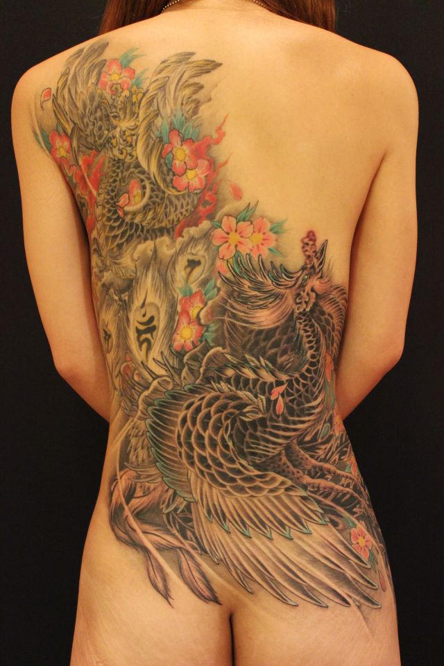 背中,カラー,鳳凰タトゥー/刺青デザイン画像