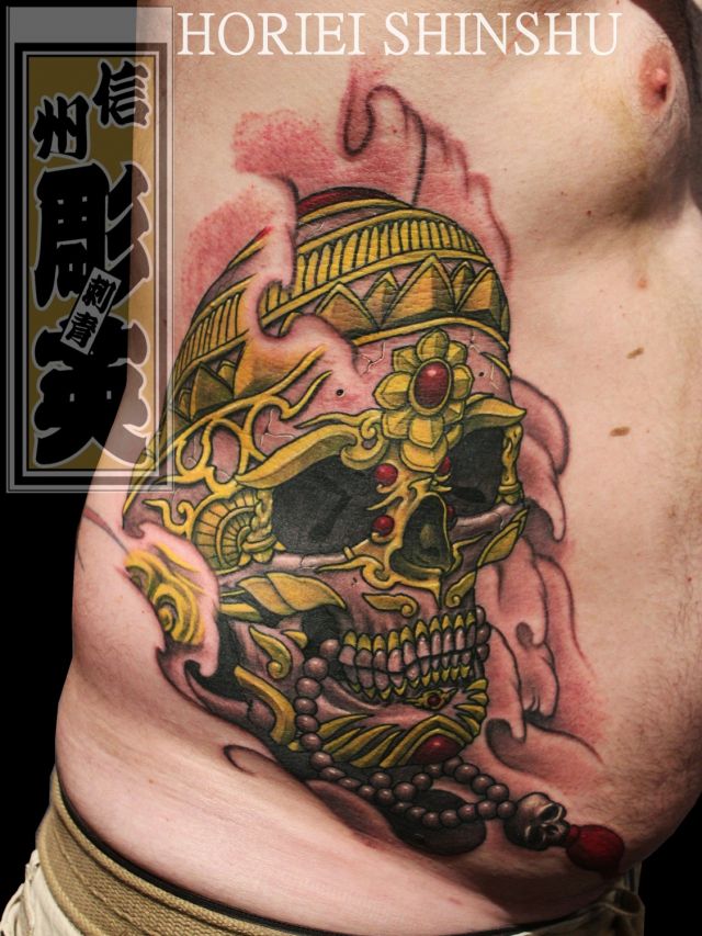 脇腹,骸骨,スカル,チベタン,カラータトゥー/刺青デザイン画像