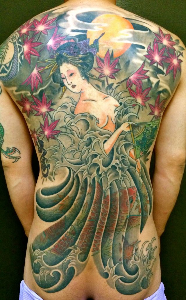 背中,花魁,カラー,カラフルタトゥー/刺青デザイン画像