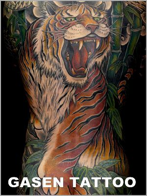 背中,額,虎,竹,動物タトゥー/刺青デザイン画像