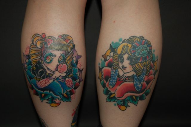 足,バラ,女,2フェイス,カラータトゥー/刺青デザイン画像