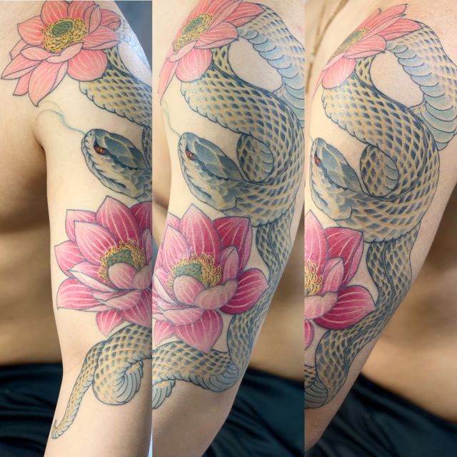 腕,大蛇,蛇,蓮,カラー,カラフルタトゥー/刺青デザイン画像