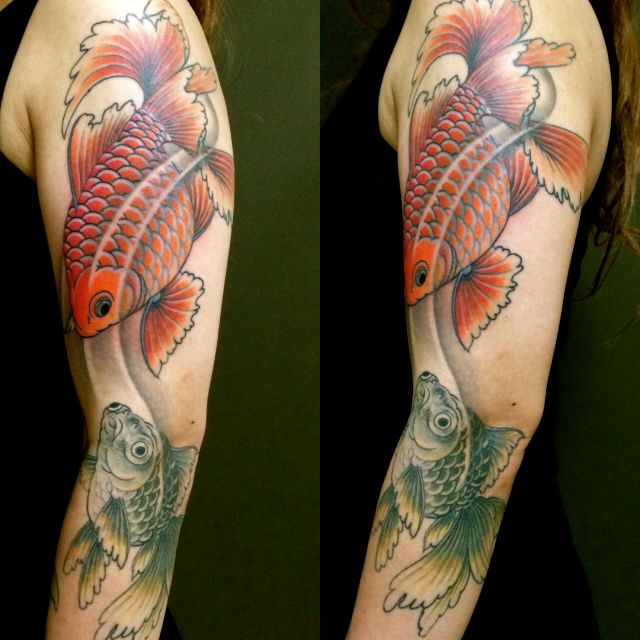 腕,手,肩,金魚,カラー,カラフルタトゥー/刺青デザイン画像