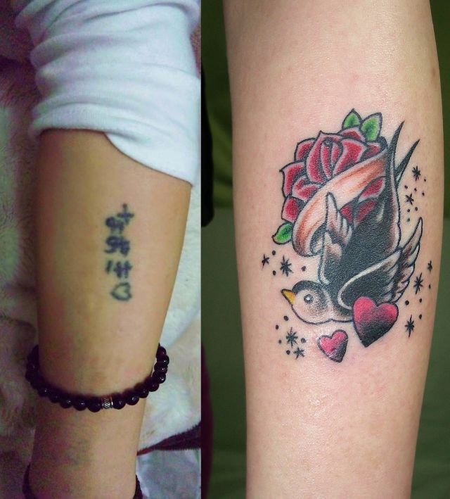 腕,カラー,腹,鳥タトゥー/刺青デザイン画像
