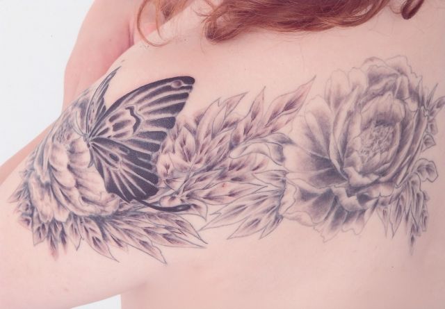 蝶,女性,ブラック＆グレータトゥー/刺青デザイン画像