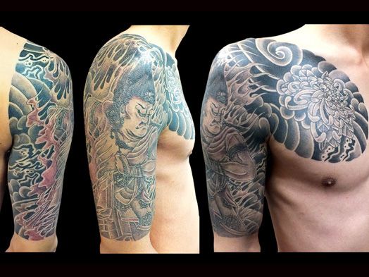 腕,菊,不動明王,ブラック＆グレイ,ブラック＆グレー,烏彫りタトゥー/刺青デザイン画像