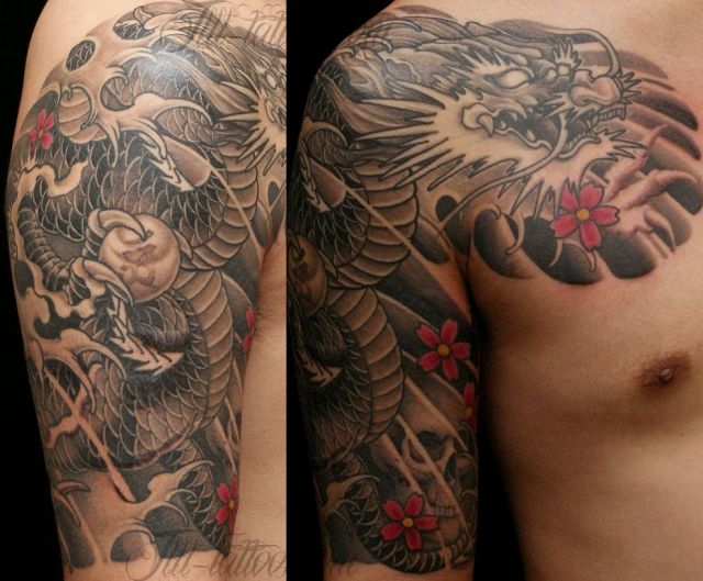 龍,腕,スカルタトゥー/刺青デザイン画像