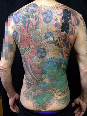 背中,男性,風神,雷神,カラータトゥー/刺青デザイン画像
