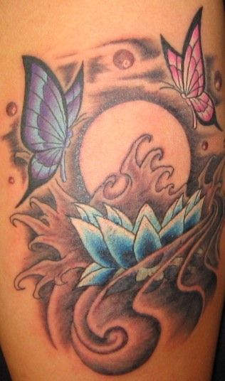 蝶,蓮,月,花,植物タトゥー/刺青デザイン画像