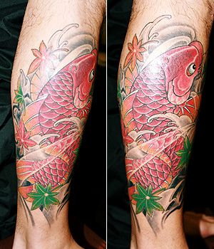 足,鯉,紅葉タトゥー/刺青デザイン画像