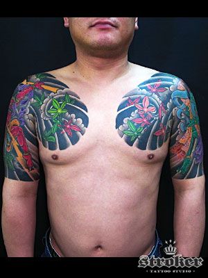 太鼓,五分袖,紅葉,人物タトゥー/刺青デザイン画像