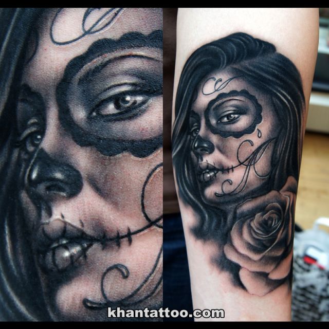 女性,人物,花,ブラック＆グレータトゥー/刺青デザイン画像