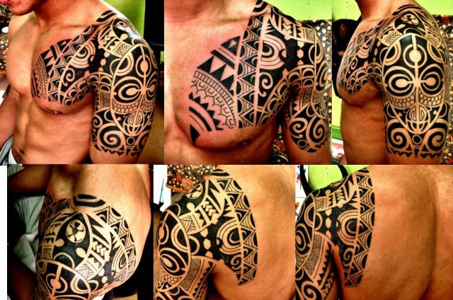 背中,腕,胸,男性,鎖骨,トライバル,ブラック＆グレータトゥー/刺青デザイン画像