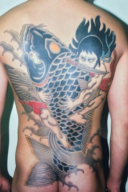 背中,鯉,カラータトゥー/刺青デザイン画像