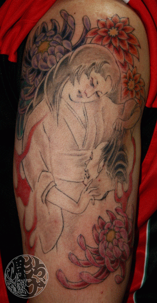 肩,菊タトゥー/刺青デザイン画像
