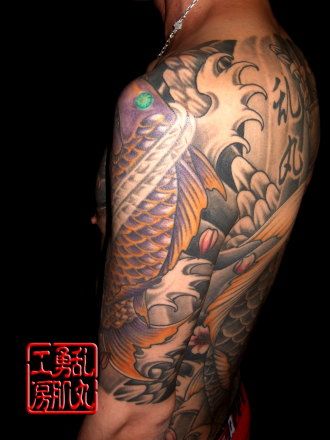 鯉,腕,桜,五分袖,花タトゥー/刺青デザイン画像