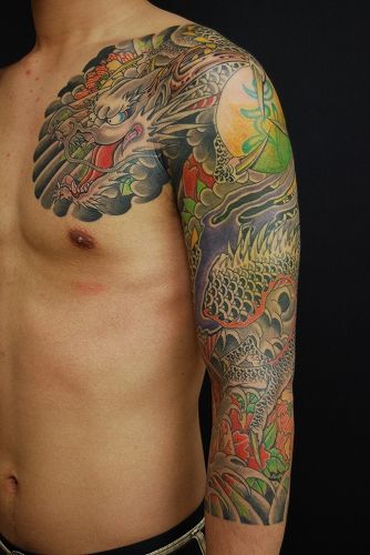 太鼓,七分袖,龍,牡丹タトゥー/刺青デザイン画像