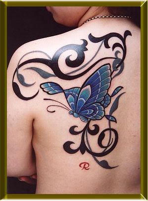 背中,トライバル,蝶タトゥー/刺青デザイン画像