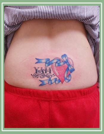 腰,女性,リボン,ハート,カラータトゥー/刺青デザイン画像