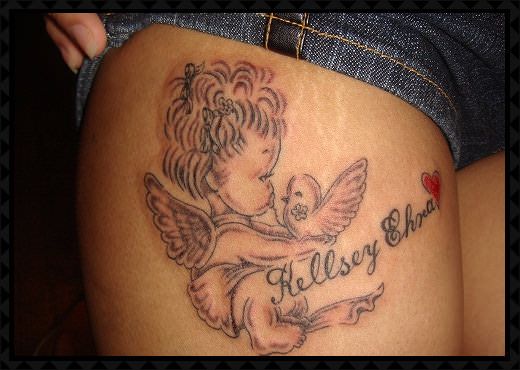 女性,足,天使,鳥,文字,レター,ハートタトゥー/刺青デザイン画像