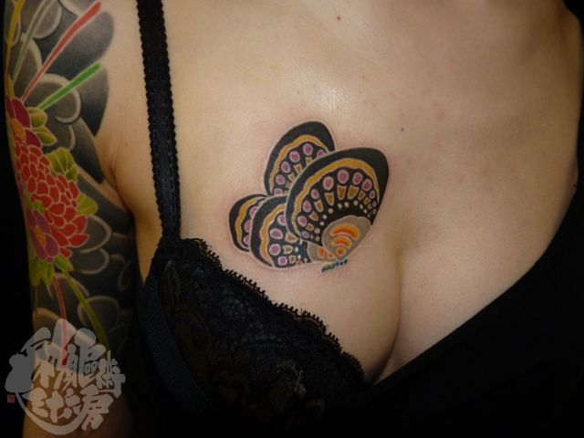 胸,女性,蝶,バタフライ,カラー,カラフルタトゥー/刺青デザイン画像