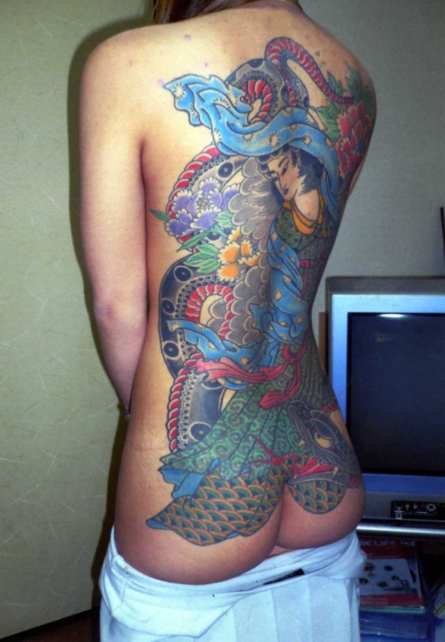 腰,肩,女性,九尾,美女,カラフルタトゥー/刺青デザイン画像