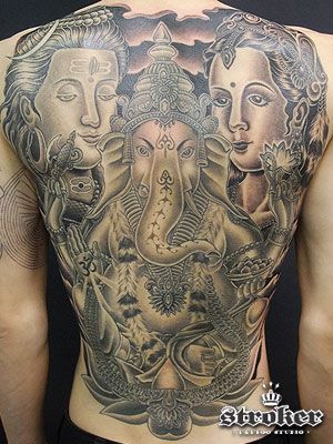 背中,人物,ガネーシャ,ブラック＆グレー,宗教タトゥー/刺青デザイン画像