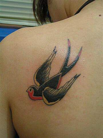 背中,鳥,ツバメ,カラータトゥー/刺青デザイン画像
