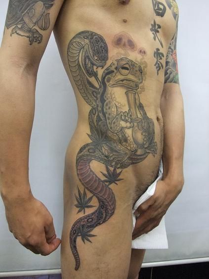 脇腹,蛇,スカル,マリファナ,カエル,ブラック＆グレイタトゥー/刺青デザイン画像