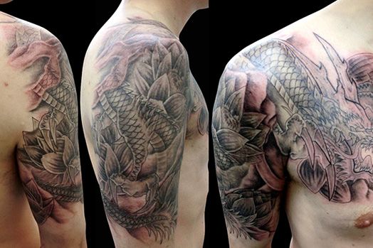 腕,男性,龍,胸割り,額,ブラック＆グレイ,ブラック＆グレー,烏彫りタトゥー/刺青デザイン画像