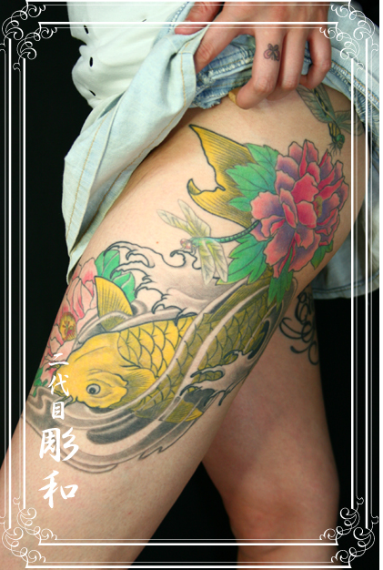 女性,足,鯉,牡丹,トンボタトゥー/刺青デザイン画像