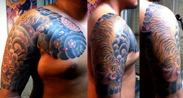 太鼓,五分袖,虎,桜タトゥー/刺青デザイン画像