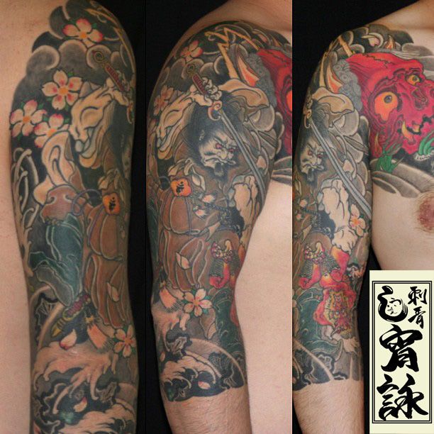 腕,胸,人物,桜,スカル,桜吹雪タトゥー/刺青デザイン画像