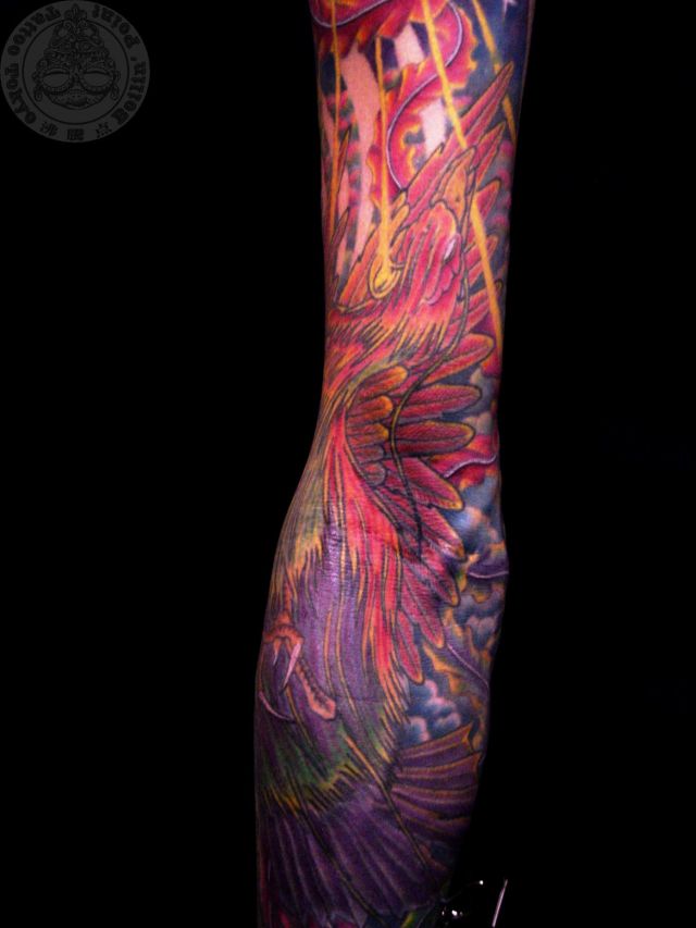 腕,フェニックス,鳳凰,十分袖,火の鳥,烏,カラー,カラフルタトゥー/刺青デザイン画像