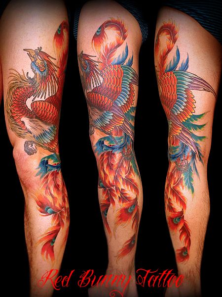 足,足首,鳳凰,カラータトゥー/刺青デザイン画像