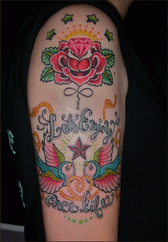 肩,薔薇,鳥,星,花,スタータトゥー/刺青デザイン画像
