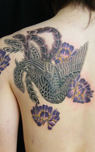 肩,鳳凰,花タトゥー/刺青デザイン画像