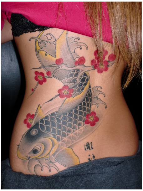 女性,背中,鯉,桜タトゥー/刺青デザイン画像