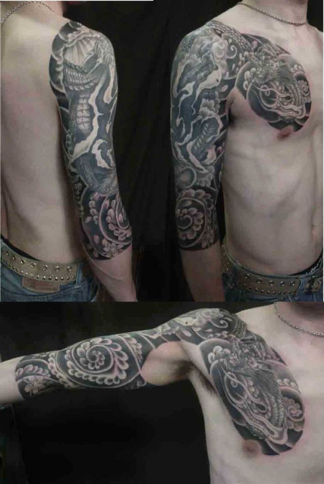 腕,太鼓,七分袖,ブラック＆グレー,龍タトゥー/刺青デザイン画像