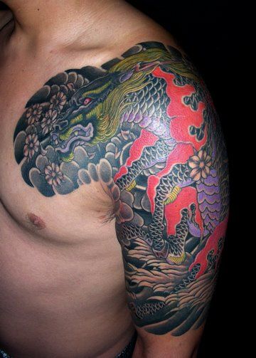 太鼓,五分袖,麒麟,桜,花タトゥー/刺青デザイン画像