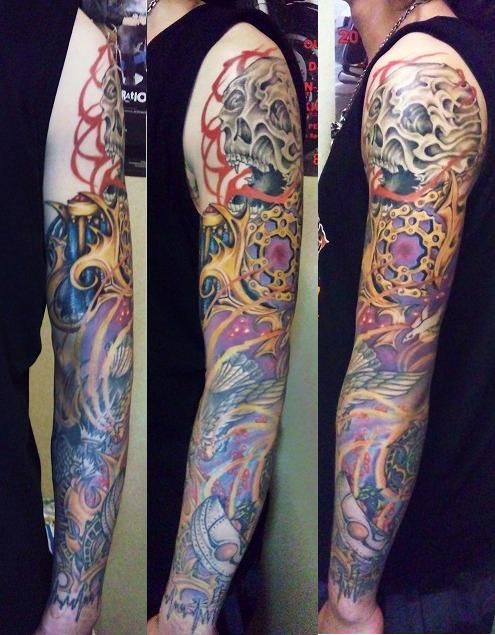 腕,スカル,鳥タトゥー/刺青デザイン画像