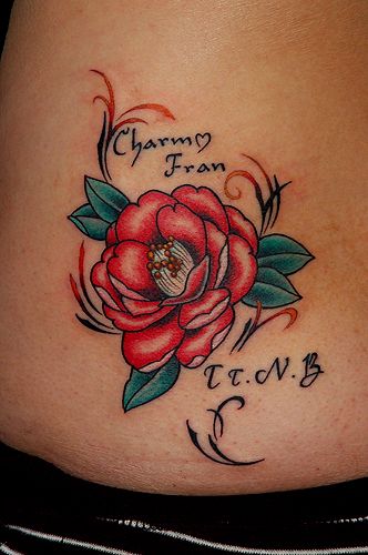 腰,薔薇,文字,レタータトゥー/刺青デザイン画像