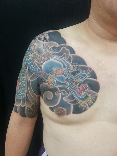 腕,肩,男性,龍,額,カラータトゥー/刺青デザイン画像