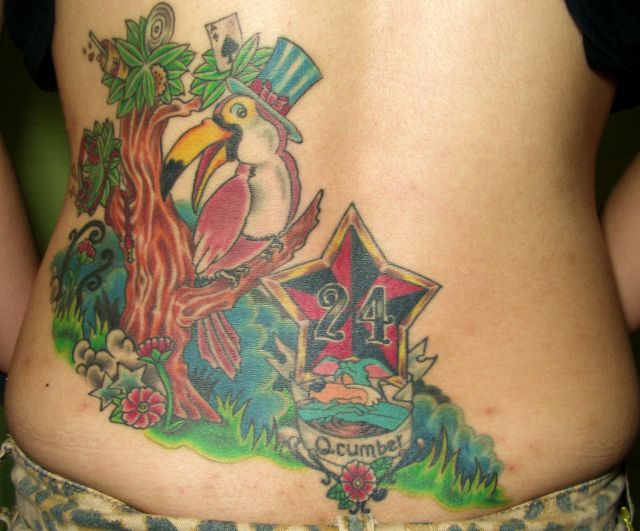 腰,鳥,木,カラータトゥー/刺青デザイン画像
