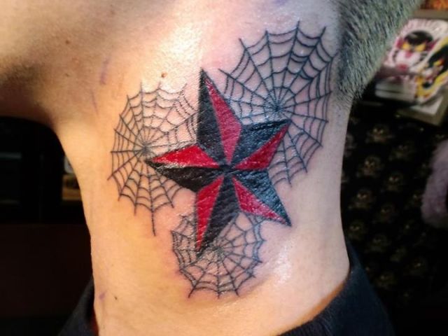 首,男性,星,スター,蜘蛛の巣,カラータトゥー/刺青デザイン画像