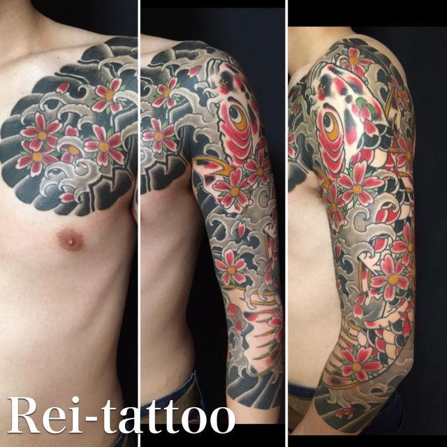 腕,肩,胸,鯉,フラワー,額,桜,七分袖,カラータトゥー/刺青デザイン画像