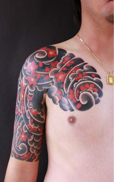 腕,桜吹雪,カラータトゥー/刺青デザイン画像
