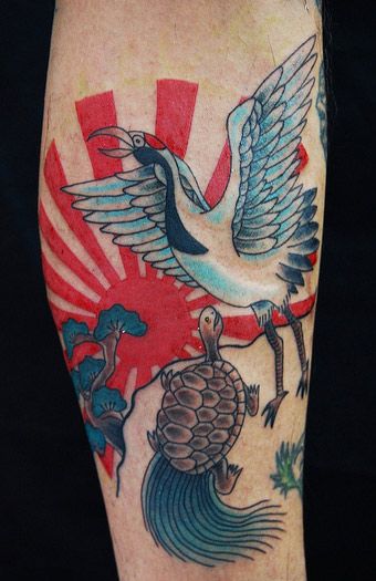 鶴,亀,足タトゥー/刺青デザイン画像